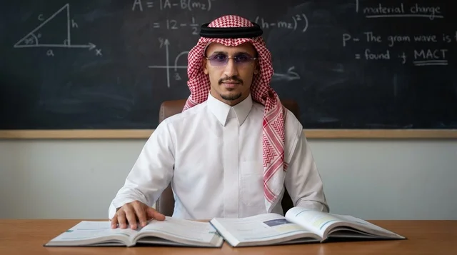 Saudi Man with Mathematics Blackboard and Textbooks Saudi Man with Mathematics Blackboard and Textbooks