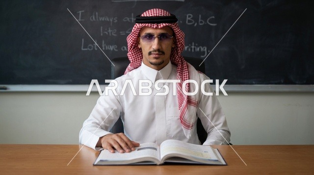 معلم سعودي في فصل دراسي مع كتاب مفتوح