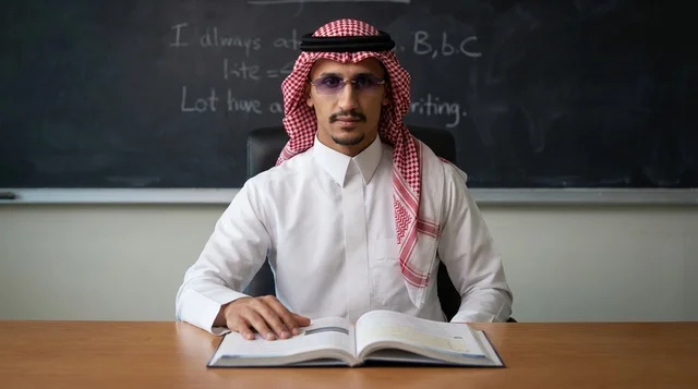 معلم سعودي في فصل دراسي مع كتاب مفتوح