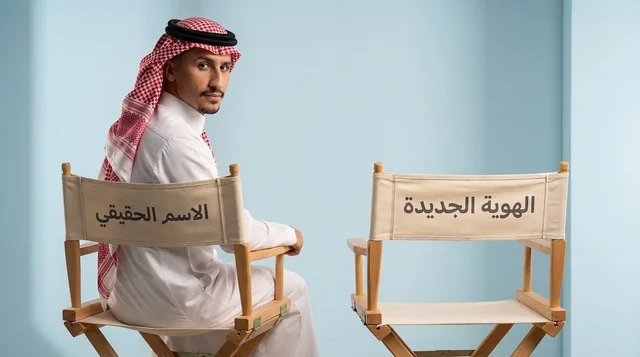 Saudi Man on Director Chair with Arabic Text Studio