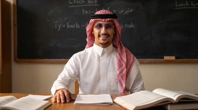 رجل سعودي بالزي التقليدي في الفصل الدراسي