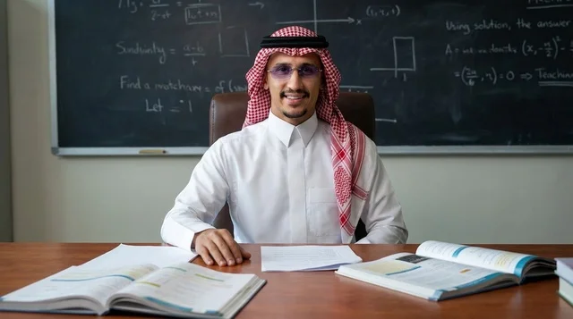 معلم سعودي في فصل دراسي مع معادلات رياضية