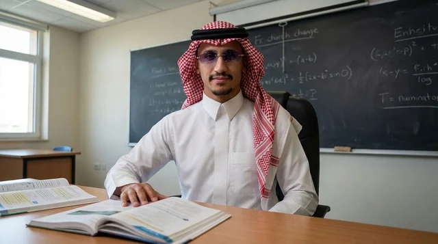 رجل سعودي بالزي التقليدي يدرس داخل فصل دراسي