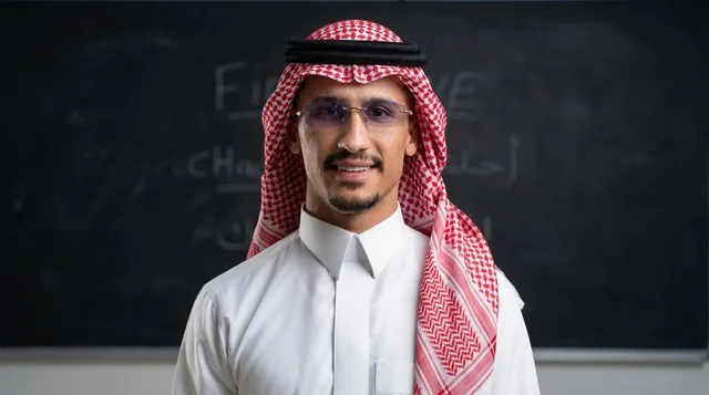 Saudi Man in Traditional Attire in Classroom Portrait