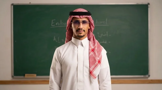 معلم سعودي بالزي التقليدي أمام السبورة الخضراء