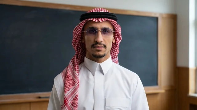 رجل سعودي بالزي التقليدي في فصل دراسي