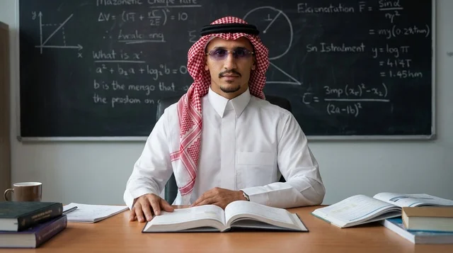 Saudi Teacher Sitting at Desk in Classroom