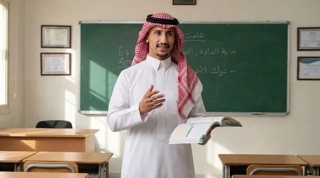معلم سعودي بالزي التقليدي يدرس في فصل دراسي