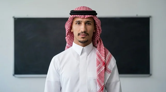 رجل سعودي بالزي التقليدي أمام سبورة سوداء
