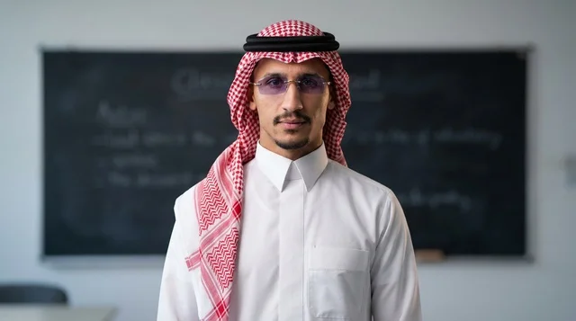 رجل سعودي بالزي التقليدي أمام سبورة داخل الفصل الدراسي