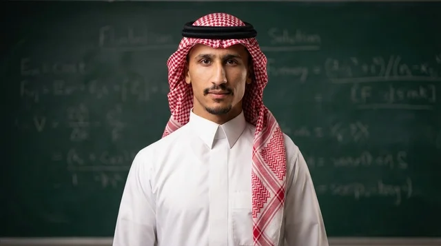 معلم سعودي بالزي التقليدي في فصل العلوم الدراسي