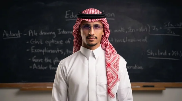 رجل سعودي بالزي التقليدي أمام سبورة خشبية في فصل دراسي