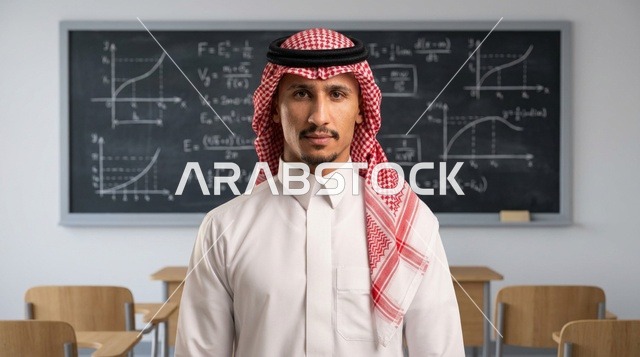 معلم سعودي في فصل دراسي مع سبورة رياضيات