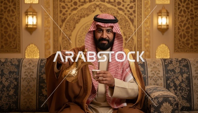 رجل سعودي يصب القهوة العربية في مجلس تقليدي