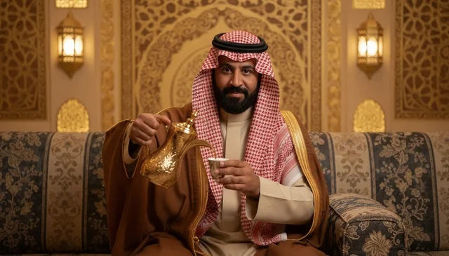 Saudi Man Pouring Arabic Coffee in Traditional Majlis
