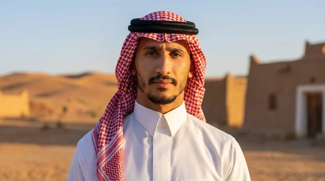 رجل سعودي بالزي التقليدي في خلفية صحراوية