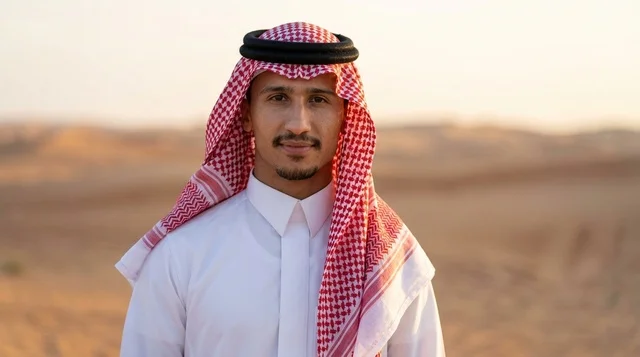 رجل سعودي بالزي التقليدي في الصحراء وقت الغروب