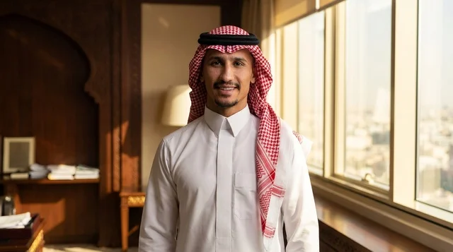 Saudi Businessman in Traditional Thobe and Shemagh Office