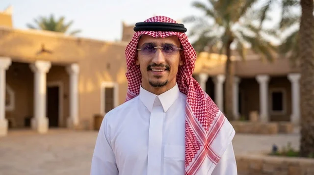 رجل سعودي يرتدي الزي التقليدي الوطني في موقع تراثي
