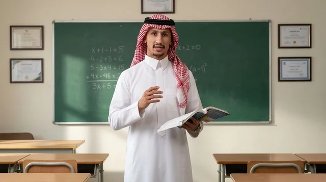 Saudi Male Teacher in Classroom with Shemagh and Book