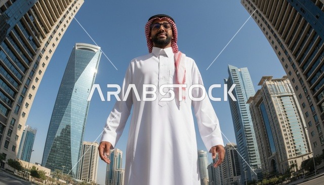 رجل سعودي في مدينة الرياض مع ناطحات السحاب