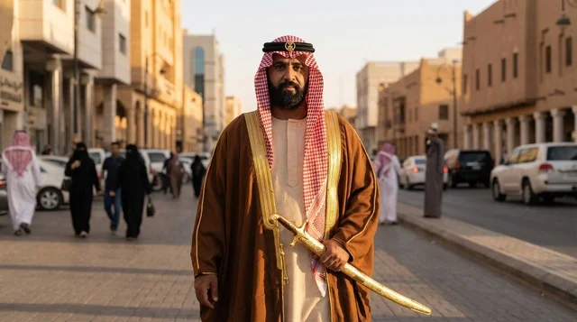 Saudi Man in Traditional Bisht Holding Sword in Riyadh