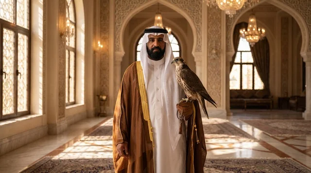 رجل سعودي بالبشت التقليدي يحمل صقراً في قصر