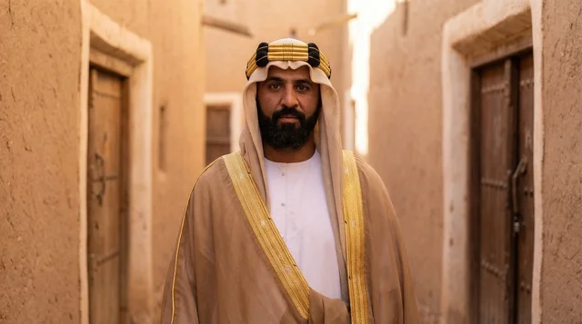رجل سعودي بالبشت التقليدي في قرية تراثية قديمة