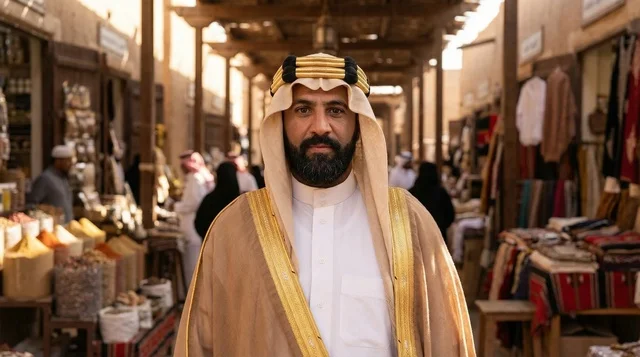 رجل سعودي بالزي الوطني التقليدي في سوق تراثي