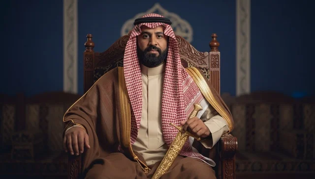 رجل سعودي بالبشت التقليدي يمسك خنجراً ذهبياً
