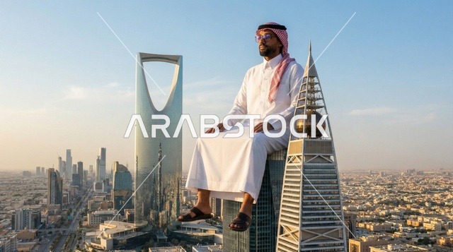 رجل سعودي عملاق يجلس على قمة برج الفيصلية في الرياض