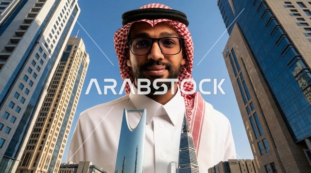 رجل سعودي مع مجسمات معمارية لمعالم الرياض