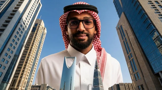 Saudi Man with Riyadh Architectural Models and Skyscrapers