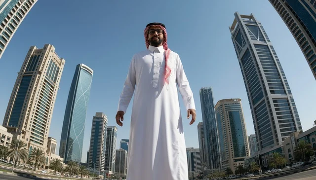 رجل سعودي في أفق المدينة بزاوية منخفضة