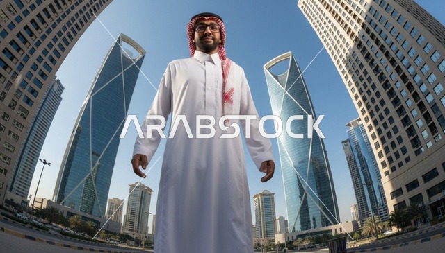 رجل سعودي أمام أفق مدينة الرياض وبرج المملكة