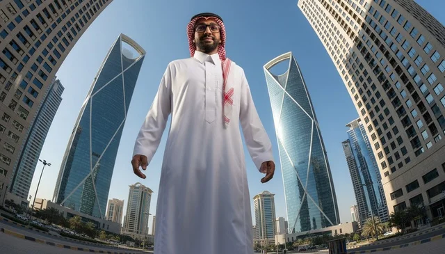 رجل سعودي أمام أفق مدينة الرياض وبرج المملكة