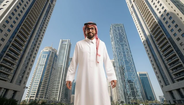 رجل سعودي في مدينة حديثة مع ناطحات سحاب