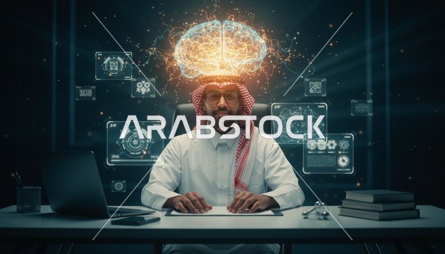 رجل سعودي مع هولوغرام الدماغ الرقمي وتقنيات الذكاء