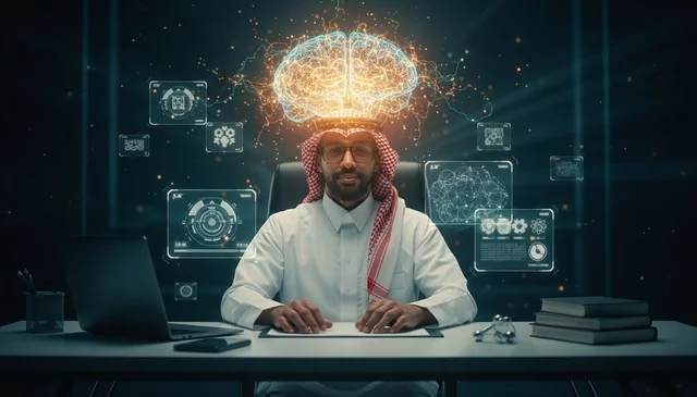 Saudi Man with AI Digital Brain Hologram Technology