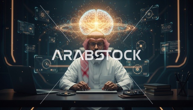 رجل سعودي مع دماغ رقمي في مكتب تقني