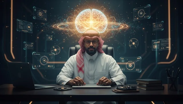 Saudi Man with AI Digital Brain in Tech Office