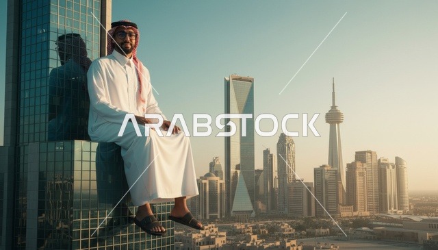 رجل سعودي يجلس فوق ناطحة سحاب في الرياض وقت الغروب