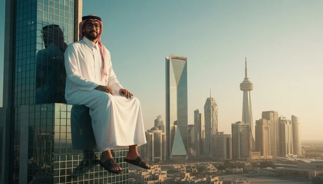 Saudi Man Sitting on Riyadh Skyscraper at Sunset