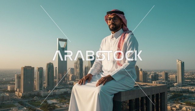 رجل سعودي أفق مدينة الرياض مع برج المملكة
