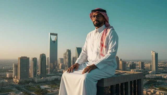 رجل سعودي أفق مدينة الرياض مع برج المملكة