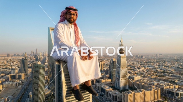 رجل سعودي فوق برج المملكة يطل على مدينة الرياض