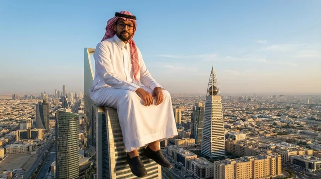 Saudi Man on Kingdom Centre Overlooking Riyadh Skyline