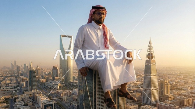 رجل سعودي على ناطحة سحاب فوق مدينة الرياض