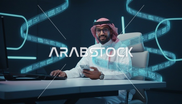 رجل سعودي مع هاتف ذكي ورسومات وسائط رقمية