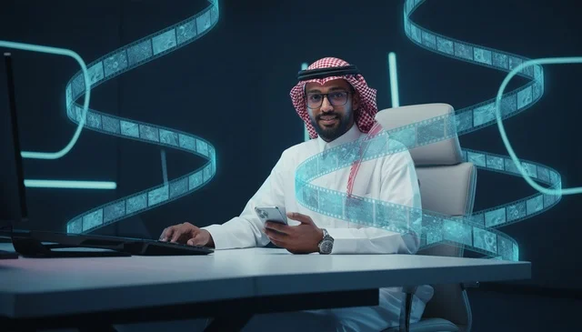رجل سعودي مع هاتف ذكي ورسومات وسائط رقمية